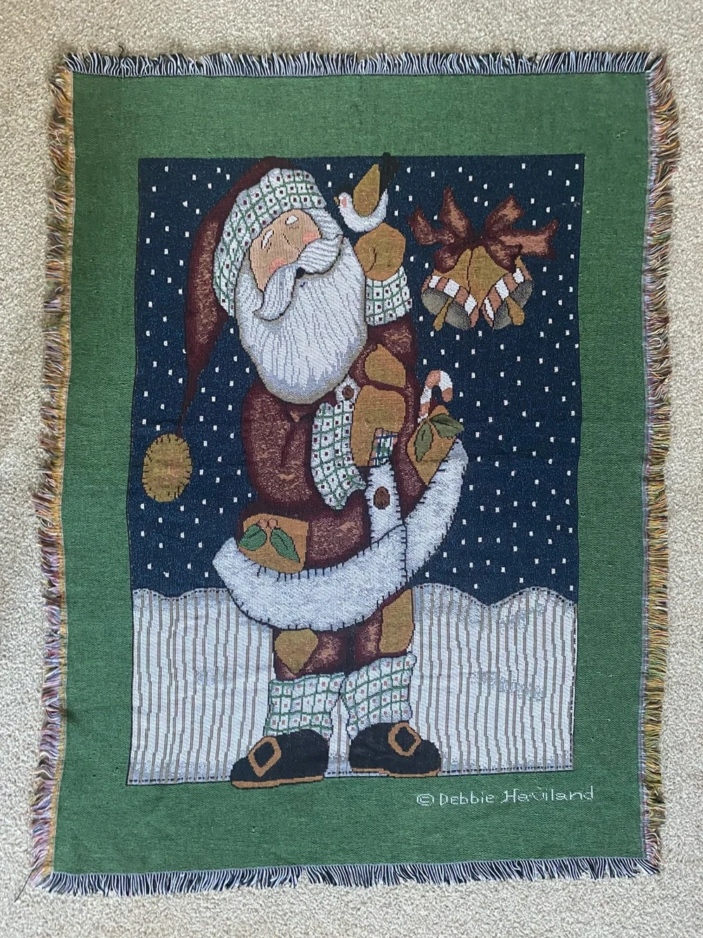 Vintage Debbie Haviland Santa Claus Christmas Tapestry Throw Blanket Decor 61x45